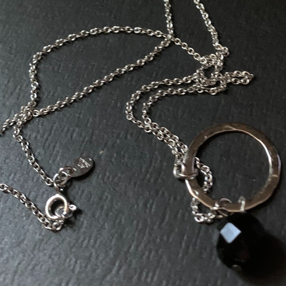 Sterling Silver Chain with Black Onyx Hoop Pendant